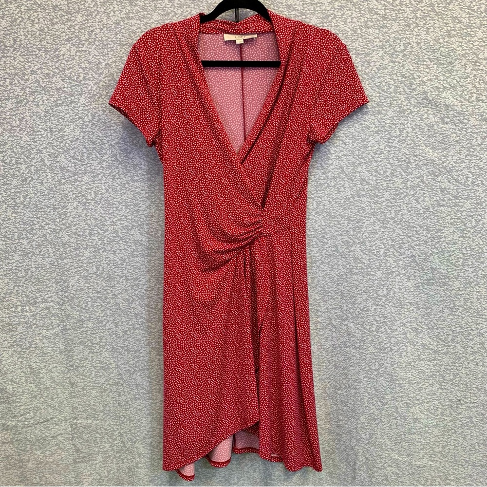 LOFT Red and White Short Sleeve Midi Faux Wrap Dress Women's Small #974